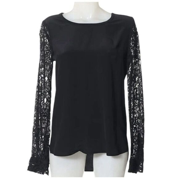 Diane Von Furstenberg 100% Silk Blouse With Lace Sleeve Black High Low Size 6 - Picture 1 of 6